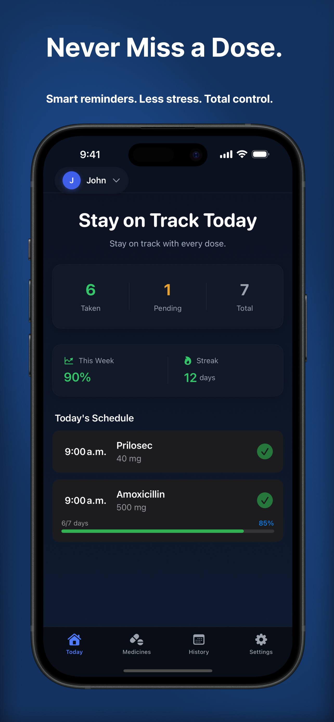 Doseify app dashboard showing medication tracking with 90% weekly adherence and 12-day streak