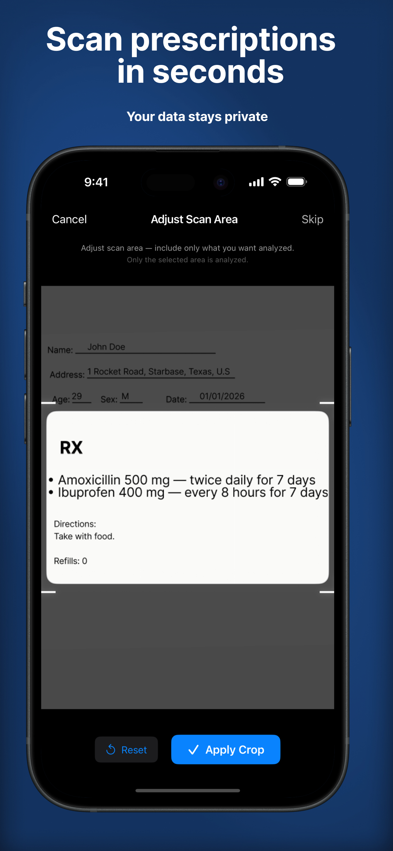 Doseify prescription scanner showing cropped prescription with extracted medication details