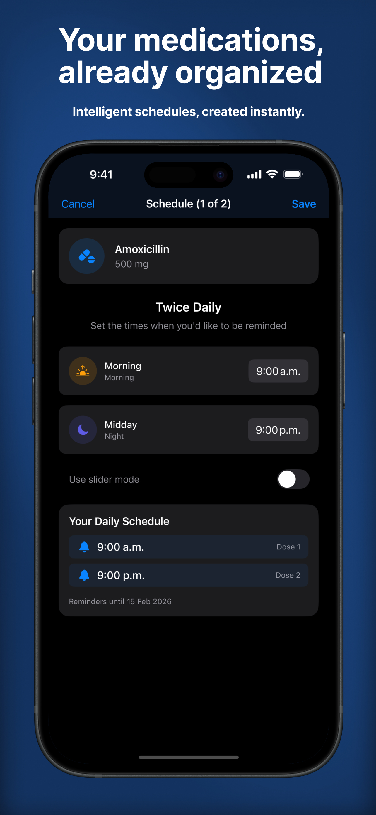 Doseify scheduling screen showing automatic morning and evening reminders for Amoxicillin