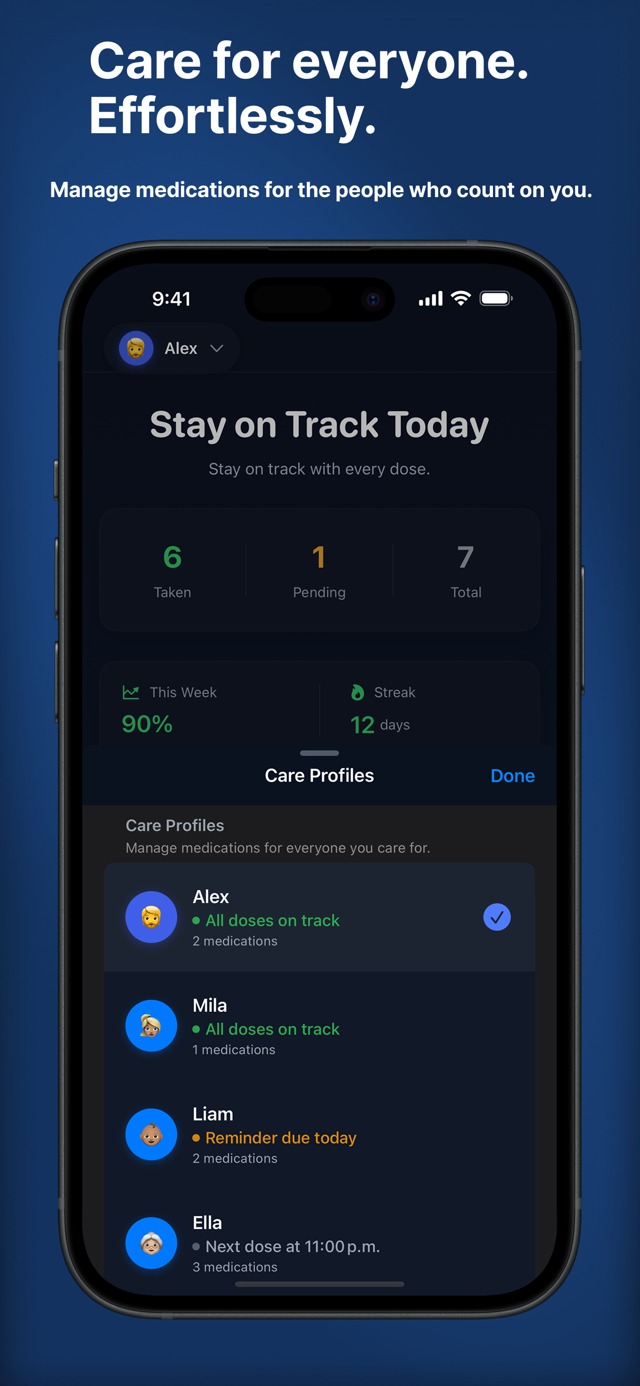 Doseify care profiles showing medication tracking for Alex, Mila, Liam, and Ella